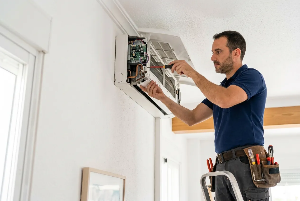 Técnico de Caldesoil reparando un aire acondicionado en una vivienda de Madrid